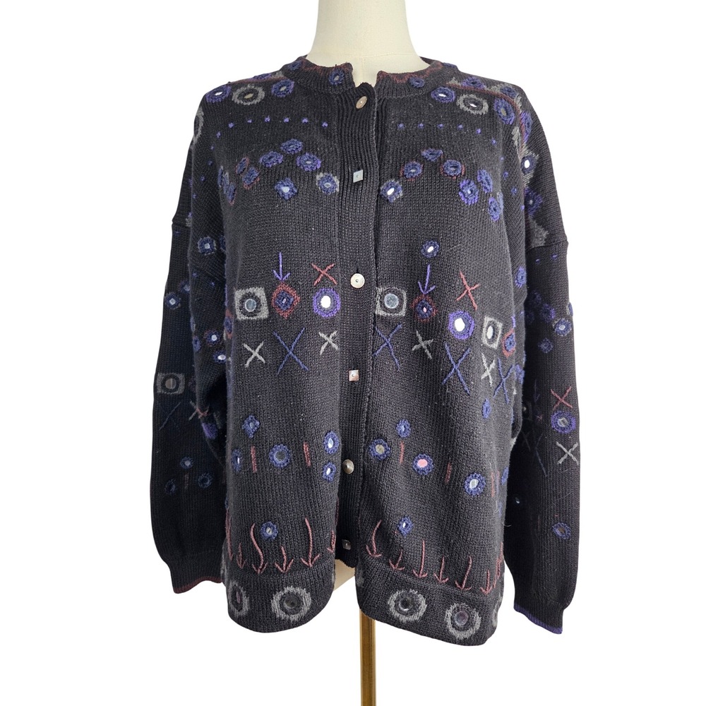 VTG Christine Foley Cardigan L Black Art to Wear Shisha Mirror Hand Embroidered